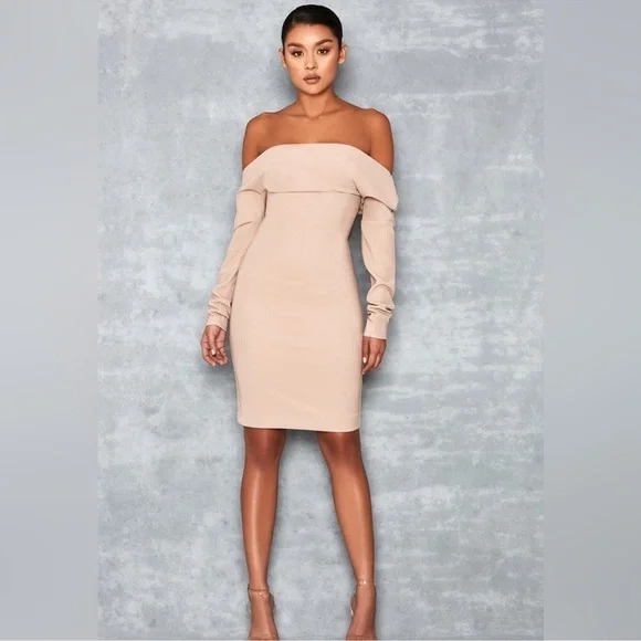 boucle off shoulder dress Marisol Off Shoulder Boucle Mini Dress - Baby Pink